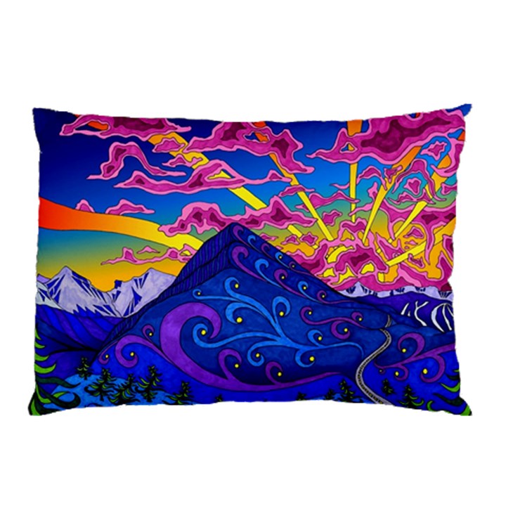 Psychedelic Colorful Lines Nature Mountain Trees Snowy Peak Moon Sun Rays Hill Road Artwork Stars Sk Pillow Case (Two Sides)