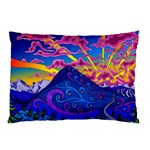 Psychedelic Colorful Lines Nature Mountain Trees Snowy Peak Moon Sun Rays Hill Road Artwork Stars Sk Pillow Case (Two Sides) Back