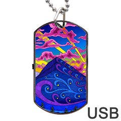 Psychedelic Colorful Lines Nature Mountain Trees Snowy Peak Moon Sun Rays Hill Road Artwork Stars Sk Dog Tag Usb Flash (one Side) by Jancukart