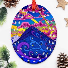 Psychedelic Colorful Lines Nature Mountain Trees Snowy Peak Moon Sun Rays Hill Road Artwork Stars Sk Oval Filigree Ornament (two Sides) by Jancukart