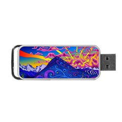 Psychedelic Colorful Lines Nature Mountain Trees Snowy Peak Moon Sun Rays Hill Road Artwork Stars Sk Portable Usb Flash (one Side)