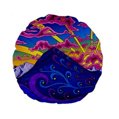 Psychedelic Colorful Lines Nature Mountain Trees Snowy Peak Moon Sun Rays Hill Road Artwork Stars Sk Standard 15  Premium Round Cushions