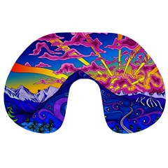 Psychedelic Colorful Lines Nature Mountain Trees Snowy Peak Moon Sun Rays Hill Road Artwork Stars Sk Travel Neck Pillow by Jancukart