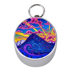 Psychedelic Colorful Lines Nature Mountain Trees Snowy Peak Moon Sun Rays Hill Road Artwork Stars Sk Mini Silver Compasses by Jancukart