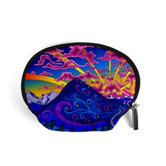 Psychedelic Colorful Lines Nature Mountain Trees Snowy Peak Moon Sun Rays Hill Road Artwork Stars Sk Accessory Pouch (small) by Jancukart