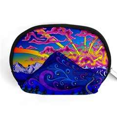 Psychedelic Colorful Lines Nature Mountain Trees Snowy Peak Moon Sun Rays Hill Road Artwork Stars Sk Accessory Pouch (medium) by Jancukart