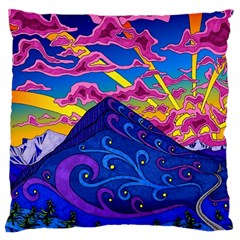 Psychedelic Colorful Lines Nature Mountain Trees Snowy Peak Moon Sun Rays Hill Road Artwork Stars Sk Standard Premium Plush Fleece Cushion Case (one Side) by Jancukart