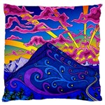 Psychedelic Colorful Lines Nature Mountain Trees Snowy Peak Moon Sun Rays Hill Road Artwork Stars Sk Standard Premium Plush Fleece Cushion Case (Two Sides) Front