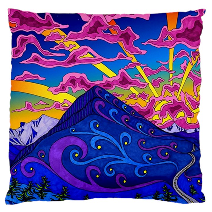 Psychedelic Colorful Lines Nature Mountain Trees Snowy Peak Moon Sun Rays Hill Road Artwork Stars Sk Standard Premium Plush Fleece Cushion Case (Two Sides)