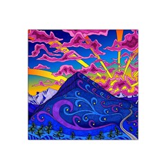 Psychedelic Colorful Lines Nature Mountain Trees Snowy Peak Moon Sun Rays Hill Road Artwork Stars Sk Satin Bandana Scarf 22  X 22  by Jancukart