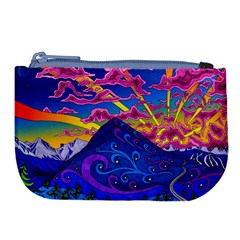 Psychedelic Colorful Lines Nature Mountain Trees Snowy Peak Moon Sun Rays Hill Road Artwork Stars Sk Large Coin Purse by Jancukart