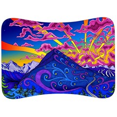 Psychedelic Colorful Lines Nature Mountain Trees Snowy Peak Moon Sun Rays Hill Road Artwork Stars Sk Velour Seat Head Rest Cushion by Jancukart