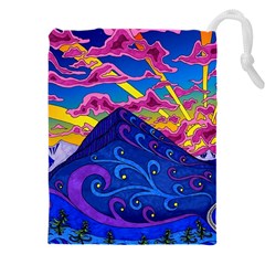 Psychedelic Colorful Lines Nature Mountain Trees Snowy Peak Moon Sun Rays Hill Road Artwork Stars Sk Drawstring Pouch (5xl) by Jancukart