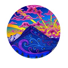 Psychedelic Colorful Lines Nature Mountain Trees Snowy Peak Moon Sun Rays Hill Road Artwork Stars Sk Mini Round Pill Box (pack Of 3) by Jancukart