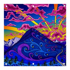 Psychedelic Colorful Lines Nature Mountain Trees Snowy Peak Moon Sun Rays Hill Road Artwork Stars Sk Banner And Sign 3  X 3  by Jancukart