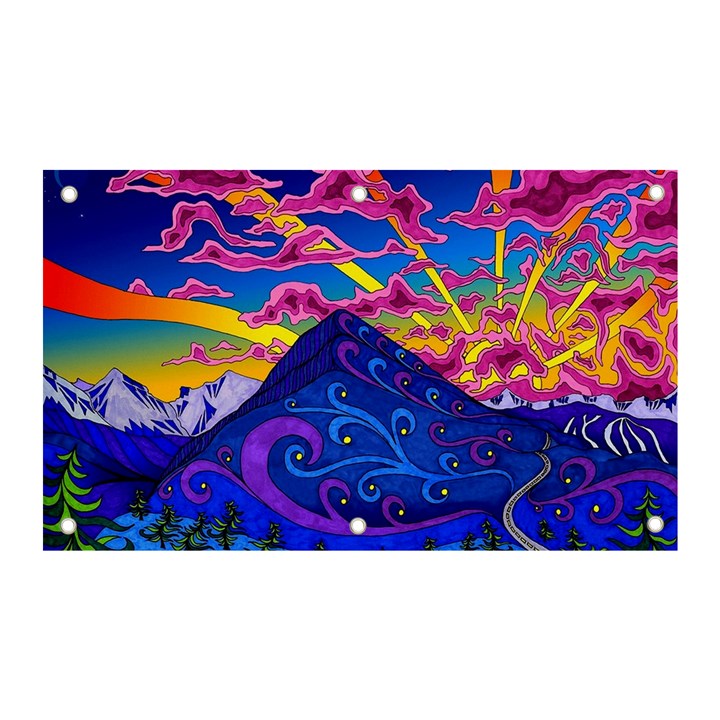 Psychedelic Colorful Lines Nature Mountain Trees Snowy Peak Moon Sun Rays Hill Road Artwork Stars Sk Banner and Sign 5  x 3 