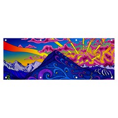 Psychedelic Colorful Lines Nature Mountain Trees Snowy Peak Moon Sun Rays Hill Road Artwork Stars Sk Banner And Sign 8  X 3  by Jancukart