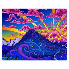 Psychedelic Colorful Lines Nature Mountain Trees Snowy Peak Moon Sun Rays Hill Road Artwork Stars Sk One Side Premium Plush Fleece Blanket (medium)