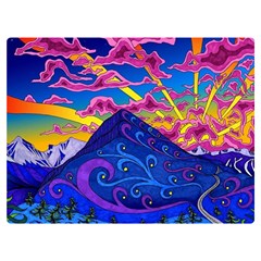 Psychedelic Colorful Lines Nature Mountain Trees Snowy Peak Moon Sun Rays Hill Road Artwork Stars Sk Premium Plush Fleece Blanket (extra Small) by Jancukart