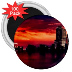 New York City Urban Skyline Harbor Bay Reflections 3  Magnets (100 Pack)