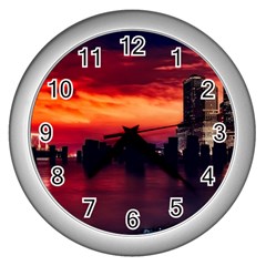 New York City Urban Skyline Harbor Bay Reflections Wall Clock (silver) by Jancukart