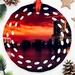 New York City Urban Skyline Harbor Bay Reflections Round Filigree Ornament (two Sides) by Jancukart