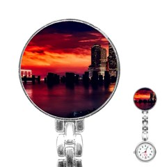 New York City Urban Skyline Harbor Bay Reflections Stainless Steel Nurses Watch