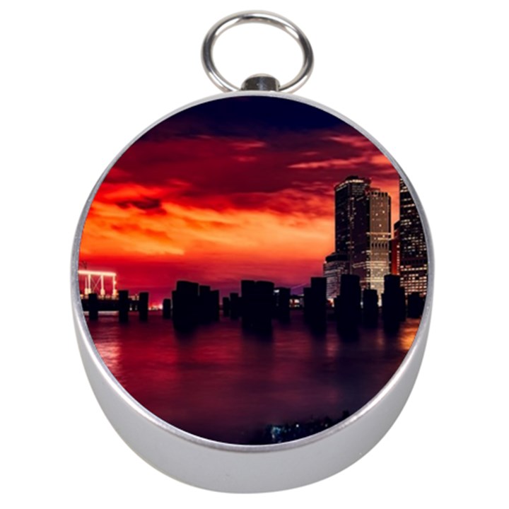 New York City Urban Skyline Harbor Bay Reflections Silver Compasses