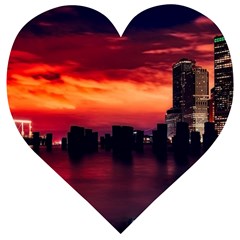 New York City Urban Skyline Harbor Bay Reflections Wooden Puzzle Heart by Jancukart