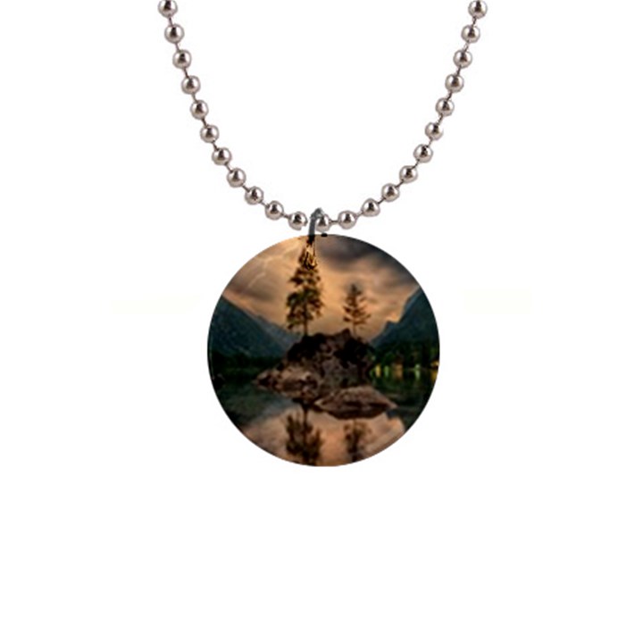 Nature Waters Lake Island Landscape Thunderstorm 1  Button Necklace