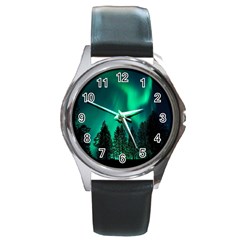 Aurora Northern Lights Phenomenon Atmosphere Sky Round Metal Watch by Jancukart