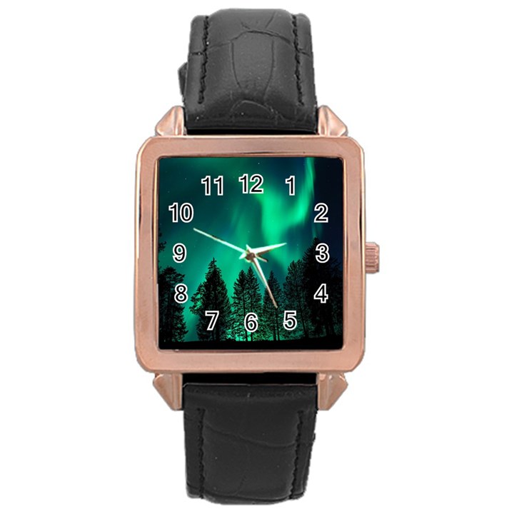 Aurora Northern Lights Phenomenon Atmosphere Sky Rose Gold Leather Watch 