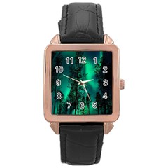 Aurora Northern Lights Celestial Magical Astronomy Rose Gold Leather Watch 