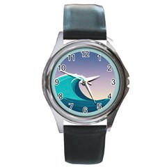 Tsunami Tidal Wave Wave Minimalist Ocean Sea 4 Round Metal Watch by Pakemis