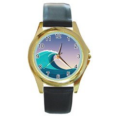 Tsunami Tidal Wave Wave Minimalist Ocean Sea 4 Round Gold Metal Watch by Pakemis