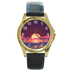 Sunset Ocean Beach Water Tropical Island Vacation 5 Round Gold Metal Watch by Pakemis