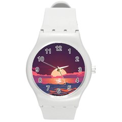 Sunset Ocean Beach Water Tropical Island Vacation 5 Round Plastic Sport Watch (m) by Pakemis