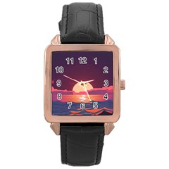 Sunset Ocean Beach Water Tropical Island Vacation 5 Rose Gold Leather Watch  by Pakemis