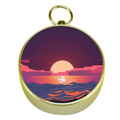 Sunset Ocean Beach Water Tropical Island Vacation 5 Gold Compasses by Pakemis