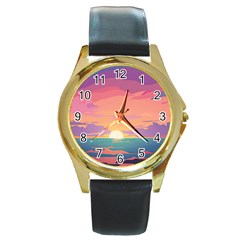 Sunset Ocean Beach Water Tropical Island Vacation 4 Round Gold Metal Watch by Pakemis