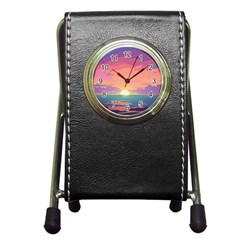 Sunset Ocean Beach Water Tropical Island Vacation 4 Pen Holder Desk Clock by Pakemis