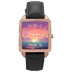 Sunset Ocean Beach Water Tropical Island Vacation 4 Rose Gold Leather Watch  by Pakemis