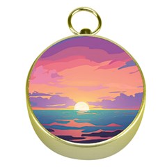 Sunset Ocean Beach Water Tropical Island Vacation 4 Gold Compasses by Pakemis