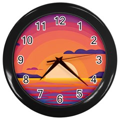 Sunset Ocean Beach Water Tropical Island Vacation Landscape Wall Clock (black) by Pakemis