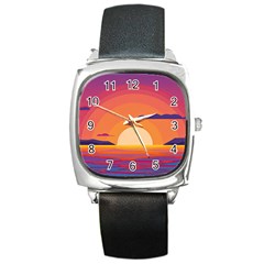 Sunset Ocean Beach Water Tropical Island Vacation Landscape Square Metal Watch by Pakemis