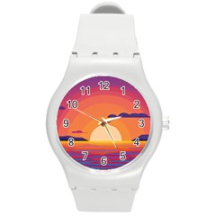 Sunset Ocean Beach Water Tropical Island Vacation Landscape Round Plastic Sport Watch (m) by Pakemis