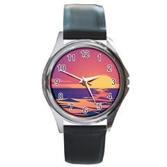 Sunset Ocean Beach Water Tropical Island Vacation Round Metal Watch by Pakemis