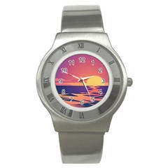 Sunset Ocean Beach Water Tropical Island Vacation Stainless Steel Watch by Pakemis