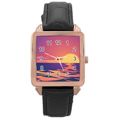 Sunset Ocean Beach Water Tropical Island Vacation Rose Gold Leather Watch  by Pakemis