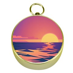 Sunset Ocean Beach Water Tropical Island Vacation Gold Compasses by Pakemis